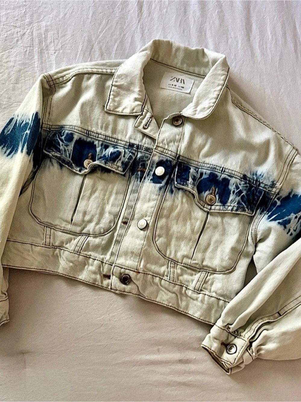 Zara Kids Tie-Dye Denim Jacket Kids Denim Jacket Blue Tie-Dye Girls Size 9-10